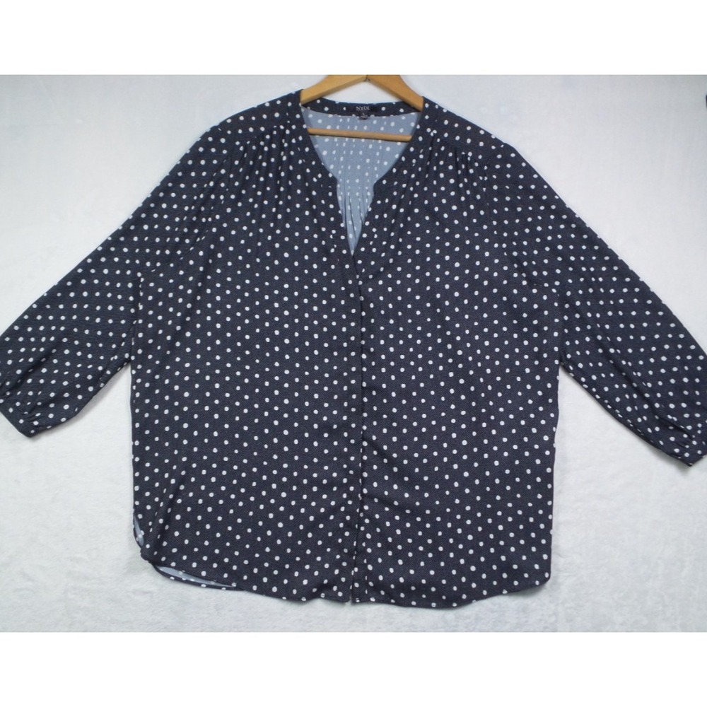 NYDJ Top Womens Size Large Blue Polka Dots Button Up Pintuck Blouse 3/4 Sleeve